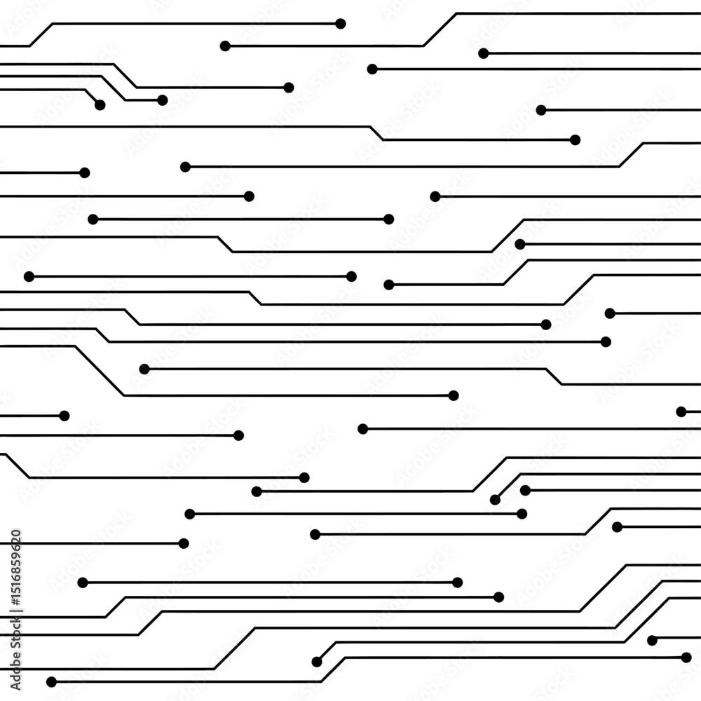 Poster abstract circuit board design with black lines and dots on white background creating a tech pattern