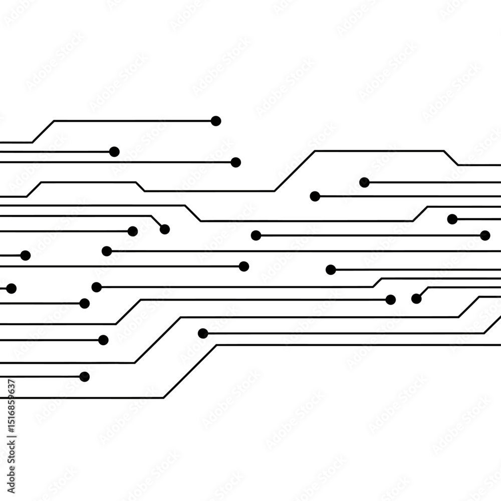 Poster abstract circuit board design with black lines and dots on a white background in a minimalist style