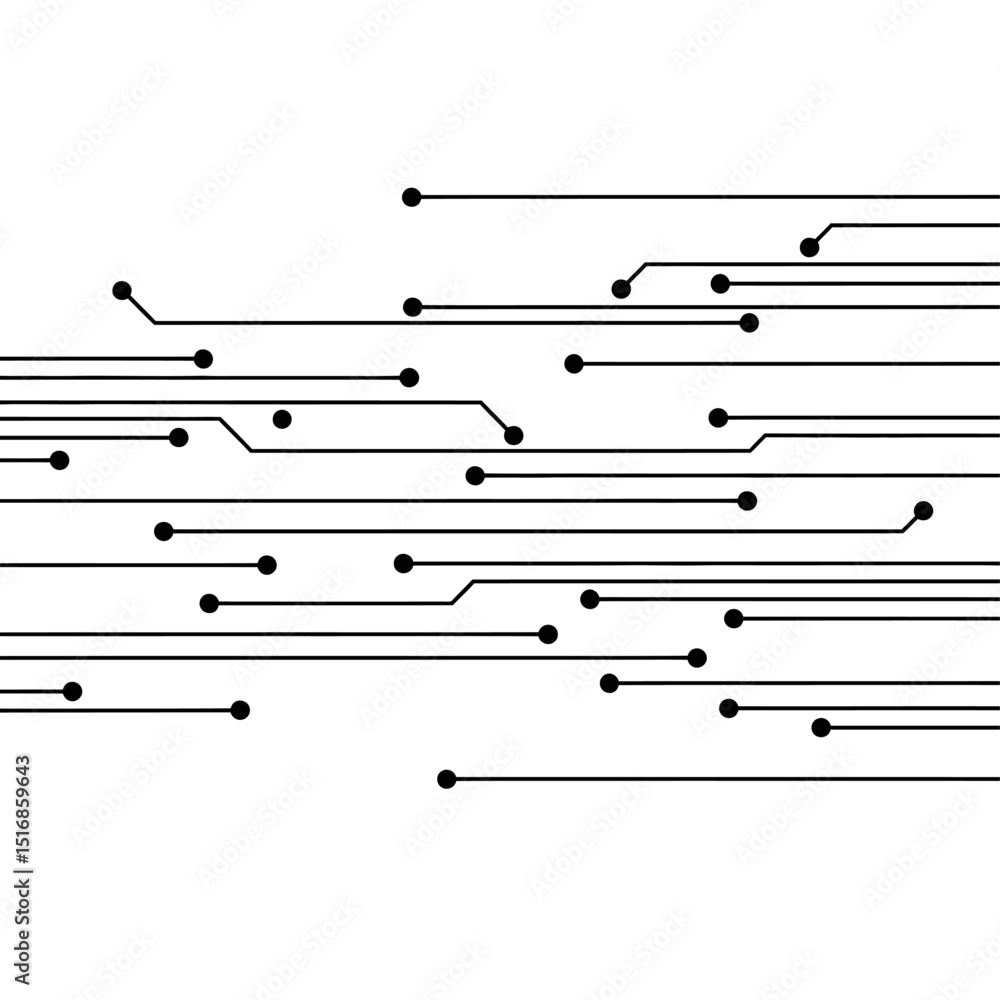 Poster abstract circuit board design with black lines and dots on a white background in a horizontal layout