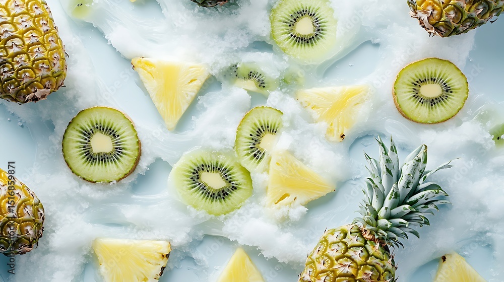 Poster a snow-pale backdrop with pineapple triangles and kiwi rounds forming wave-like patterns