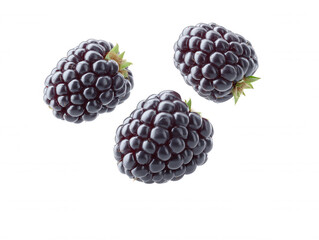 Three fresh blackberries with green stems are isolated on a bright white background, showcasing their juicy texture and deep purple color for a healthy snack.