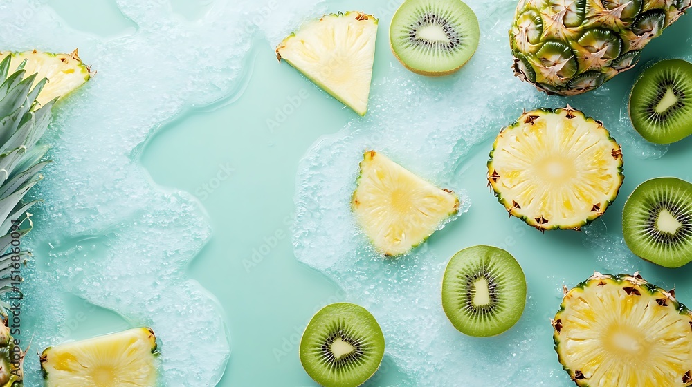 Poster a snow-pale backdrop with pineapple triangles and kiwi rounds forming wave-like patterns