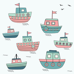 Marine pattern with cartoon cute boats on white background