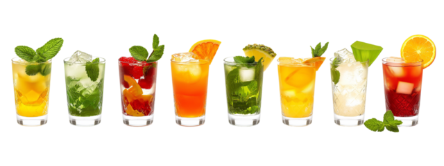 Refreshing assortment of colorful cocktails garnished with fruits and fresh mint leaves