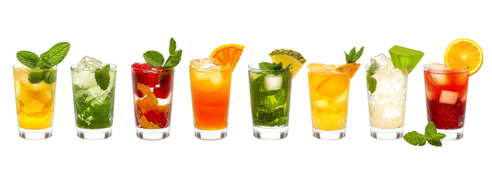 Refreshing assortment of colorful cocktails garnished with fruits and fresh mint leaves