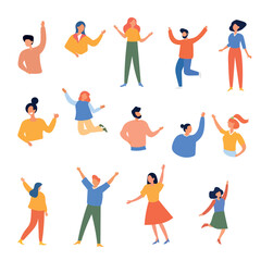 Set of flat illustration happy greeters people showing various positive emotions with gestures.