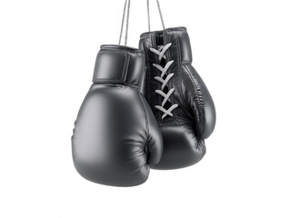 Two shiny black leather boxing gloves hang suspended by their white laces and metal chains against a stark white backdrop in a 3D rendered illustration.