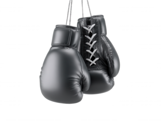 Two shiny black leather boxing gloves hang suspended by their white laces and metal chains against a stark white backdrop in a 3D rendered illustration.