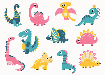 Colorful set of illustrations with cartoon dinosaurs. White background, isolate
