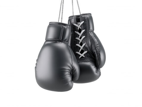 Two shiny black leather boxing gloves hang suspended by their white laces and metal chains against a stark white backdrop in a 3D rendered illustration.