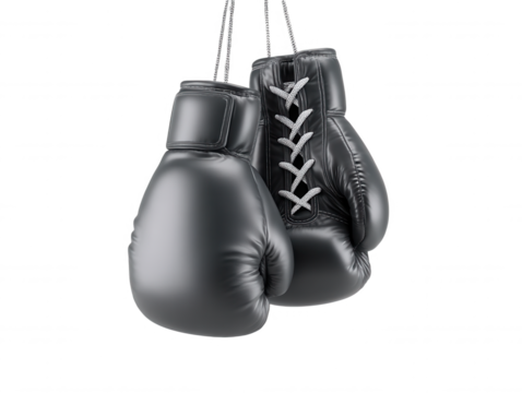 Two shiny black leather boxing gloves hang suspended by their white laces and metal chains against a stark white backdrop in a 3D rendered illustration.