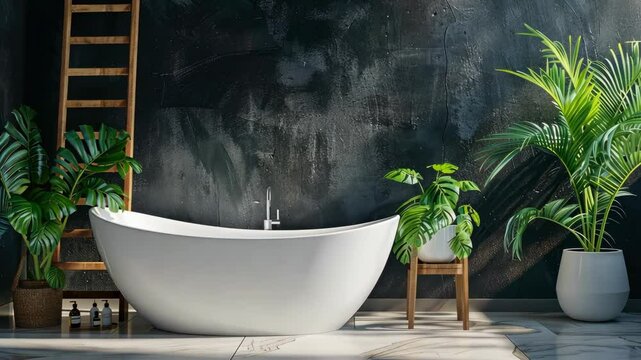 Bright and spacious bathroom features a sleek freestanding tub surrounded by tropical plants and a stylish wooden ladder