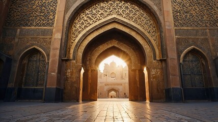 Obraz premium Golden sunlight pierces through intricate Islamic arches, revealing majestic architecture and ancient beauty ideal for heritage, culture, architecture, and spiritual travel themes