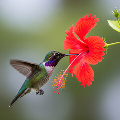 Fototapeta premium A vibrant and detailed image of a hummingbird with iridescent green and purple feathers feeding on the nectar of a red hibiscus flower, captured mid-flight.
