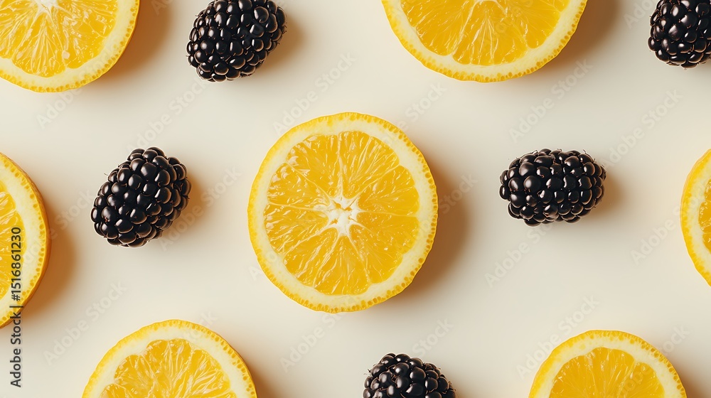 Poster a soft cream backdrop with blackberries and orange slices forming a checkerboard pattern