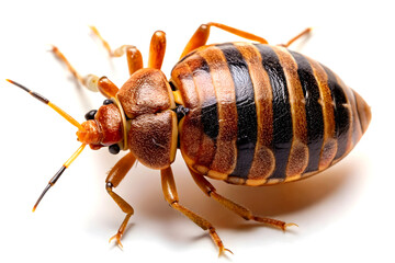 Close up shot of a striped brown and black bug on a white background surface