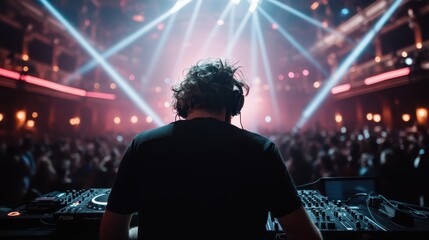 An electrifying view of a DJ performing in a vibrant nightclub, illuminated by colorful lights, encapsulating the essence of nightlife, music, and collective enjoyment.