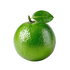 A vibrant, single lime with a glossy green leaf sits isolated on a clean white background, highlighting its fresh, citrusy appeal for a refreshing image now.