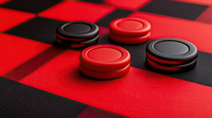 Close-up view of red and black checkers on a checkered board.