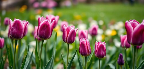 Rain-kissed purple and violet tulips blossom in spring park, soft bokeh ,  beauty, vivid