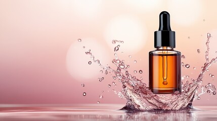 A beautiful amber serum bottle splashes in water, symbolizing rejuvenation and luxury skincare, creating a refreshing and appealing aesthetic.