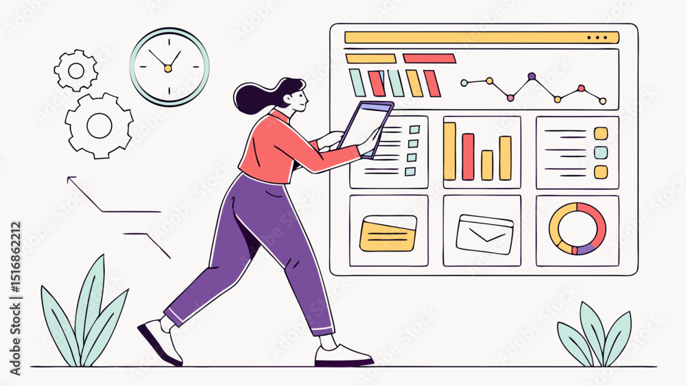 Poster woman interacting with data dashboard on tablet with clock and gears in the background illustration