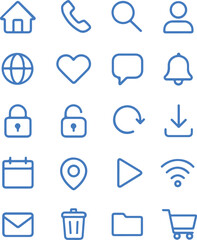 Blue Icon set for social media and app on transparent background