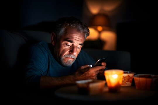 Older man eating alone by candlelight, Nighttime home setting, Looking at smartphone, Intimate solitary dinner, Low light, Realistic lifestyle photo, Minimal background

