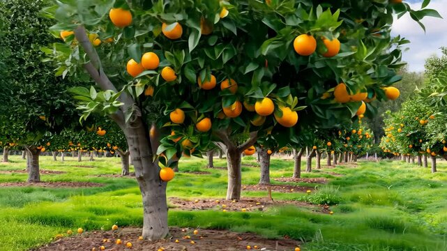 Lush orchard filled with orange trees, showcasing ripe oranges and greenery during a sunny afternoon