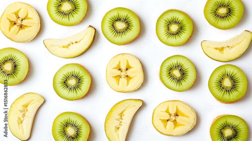 Poster a white background featuring banana slices and kiwi rounds organized in alternating vertical columns
