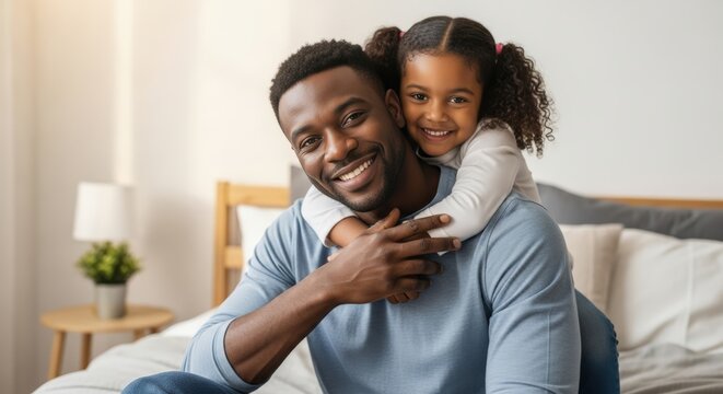 A smiling black father embraces his daughter, sharing a heartwarming moment together. - Powered by Adobe