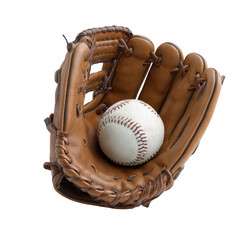 A clean baseball rests snugly inside a brown leather baseball glove, illuminated against a stark white background in a studio setting for crisp detail and clarity.