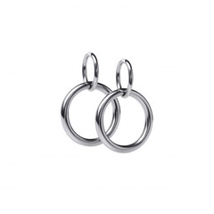 Two shining silver hoop ears dangle elegantly against a clean white background, showcasing their minimalist design and reflecting light beautifully for jewelry photography.