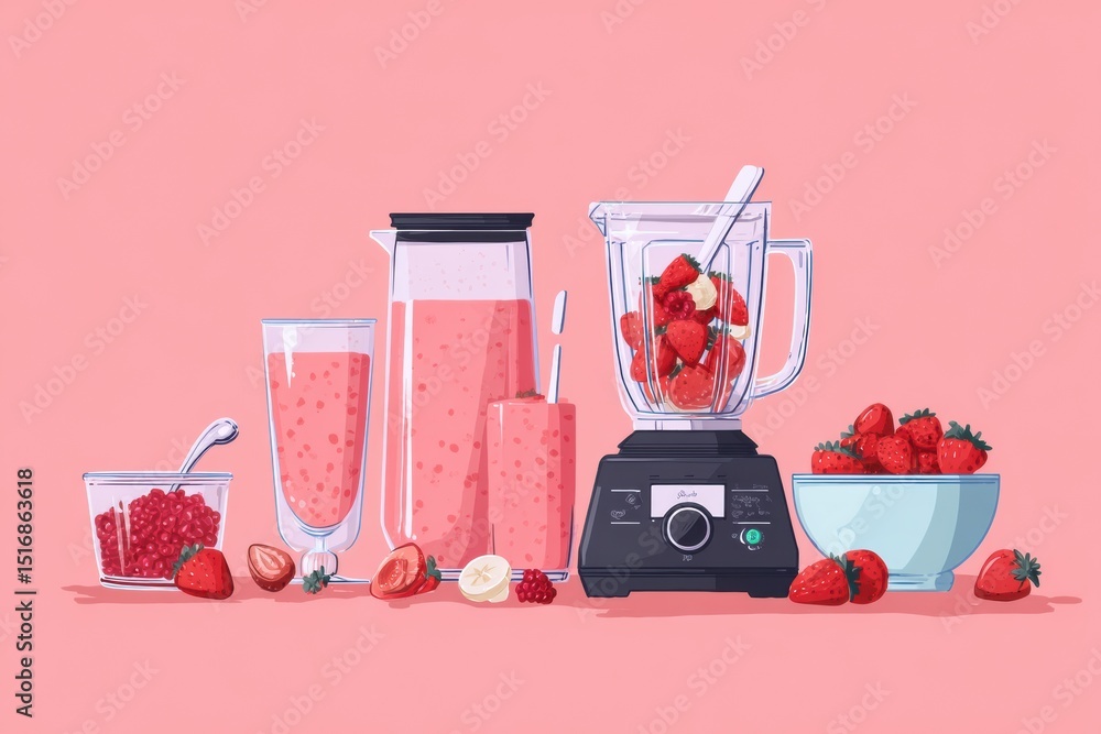 Poster fruit smoothie preparation with fresh berries and blender on a clean workspace at home