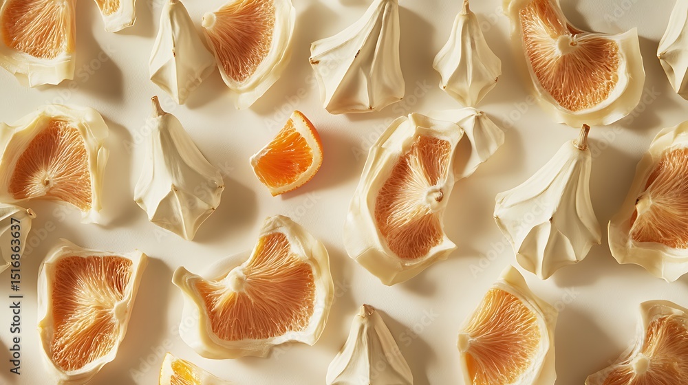 Poster an off-white tabletop with jackfruit pods and orange wedges forming a repeating rectangular pattern