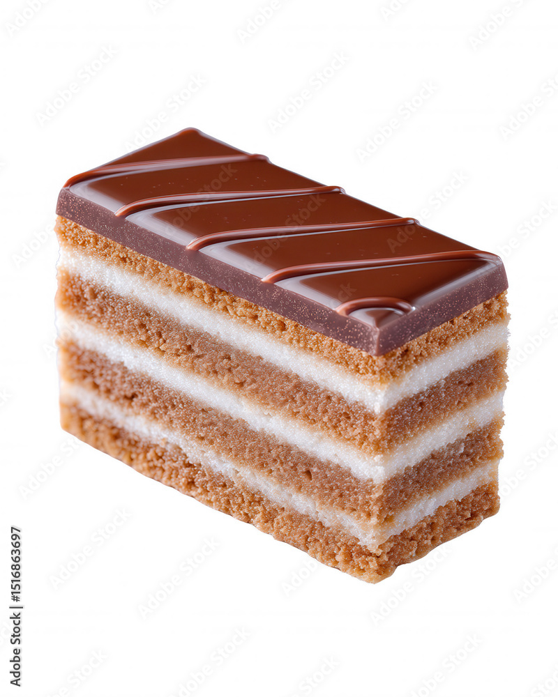 Poster a delectable rectangular layered cake with chocolate ganache is displayed against a pristine white b