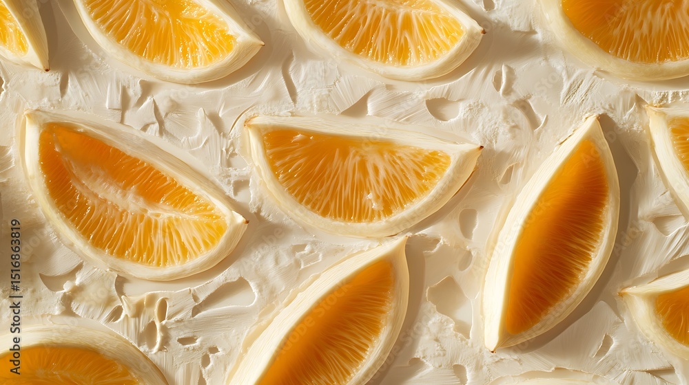 Poster an off-white tabletop with jackfruit pods and orange wedges forming a repeating rectangular pattern
