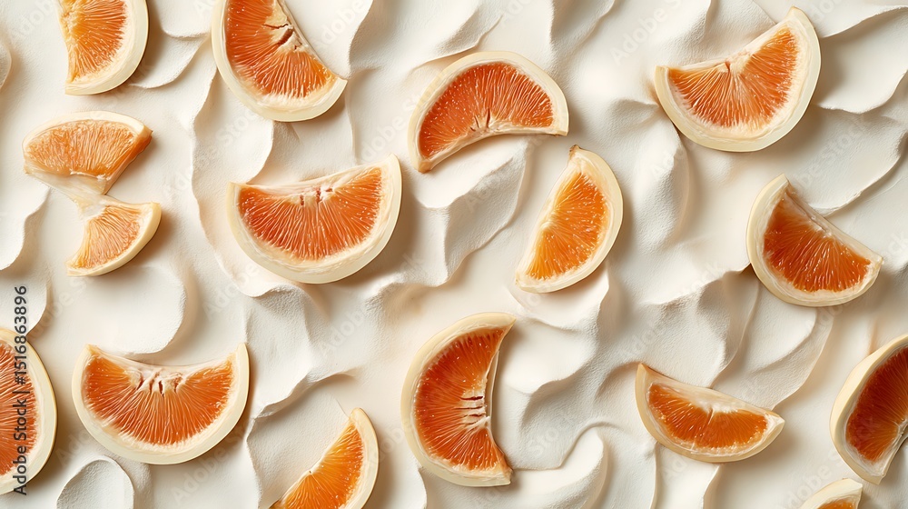 Aufkleber an off-white tabletop with jackfruit pods and orange wedges forming a repeating rectangular pattern