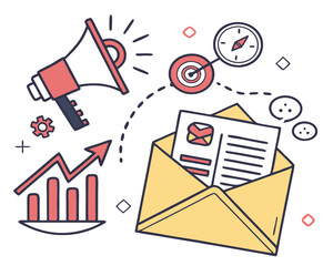 Obraz premium Vector illustration concept of email marketing. Creative flat design for web banner, marketing material, business presentation, online advertising. 
