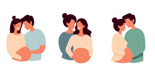 Set Happy family. Cute in love couple with pregnant woman Isolate vector illustrations in cartoon flat style. Future parents, pregnancy motherhood, parenthood concept