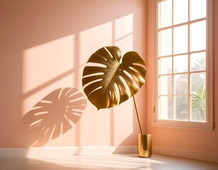 Golden Leaf in Sunlight: A golden monstera leaf is showcased within a sunlit room, the play of light and shadow enhancing its beauty and capturing the room's warmth and architectural harmony.
