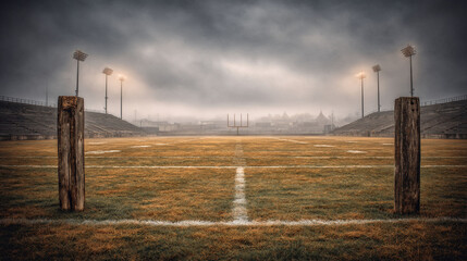Moody football field under a hazy sky
