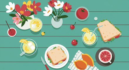 Colorful Summer Feast: Whimsical food and floral arrangement with copy space