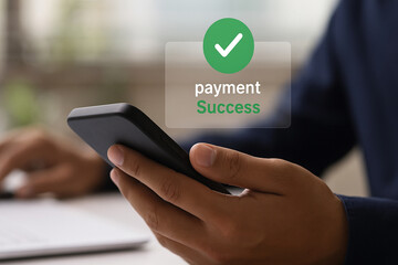 Successful Online Payment Confirmation on Mobile Phone with Green Check Mark Notification – Secure Digital Transaction Image for Fintech Use