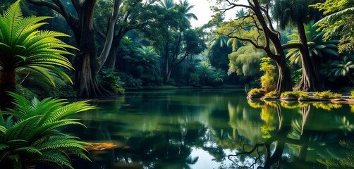 Serene lake nestled in Bali's botanical garden; lush ferns & giant trees frame the tranquil water,  environment,  calm