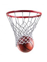 An orange basketball falls through the white net and red hoop of a basketball goal isolated on a clean white background in a studio shot ready for a game.