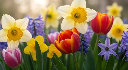 Obraz premium Beautiful Springtime Flowers Featuring Tulips Daffodils and Hyacinths