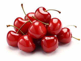 Fresh, juicy cherries, with vibrant red skins and stems, arranged in a delightful pile