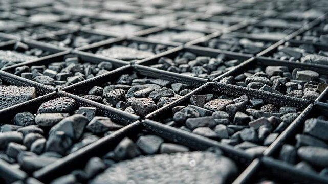 Dark, textured stones are neatly arranged in a grid with water droplets shimmering on the surface at a construction site