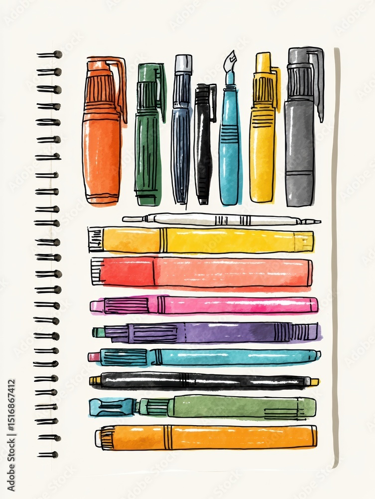Aufkleber Notebook Planning Session Featuring Colorful Markers and a Clean Top Margin for Organized Brainstorming and Creative Expression